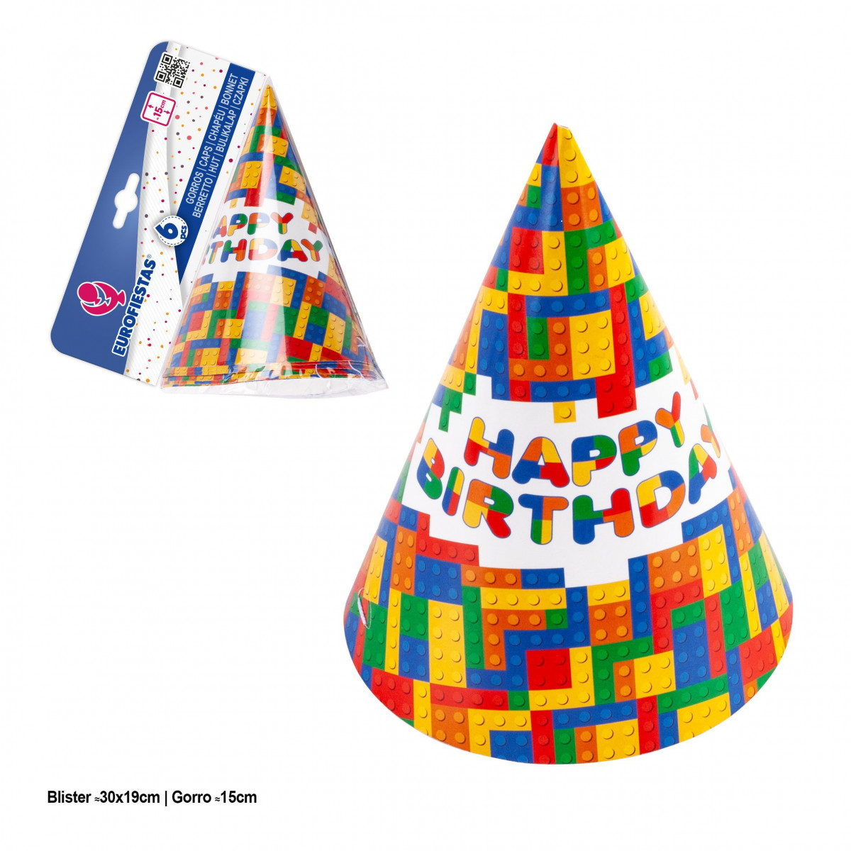 Chapéus de festa com design de bloco de feliz aniversário - Pacote com 6
