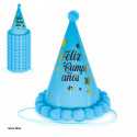 Gorro feliz aniversário estrelas pompons azul