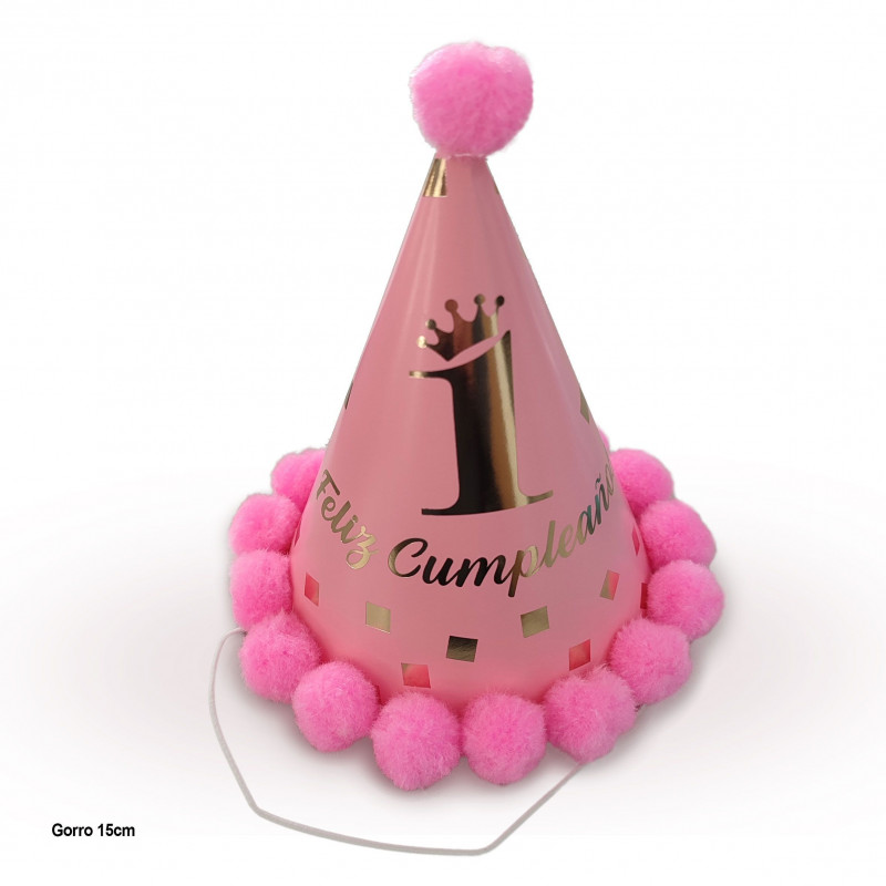 Chapéu de feliz primeiro aniversário com pompons rosa