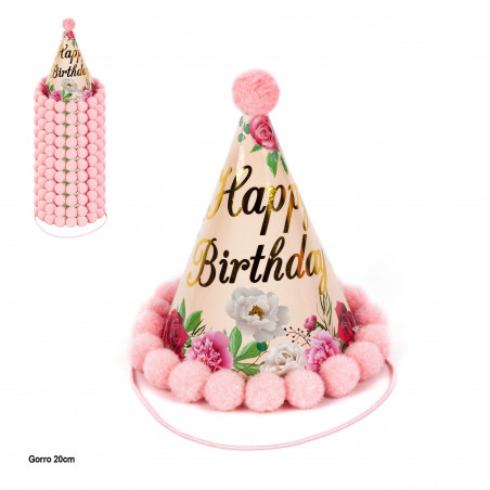 Chapéu 20cm pompons florais rosa feliz aniversário metálico