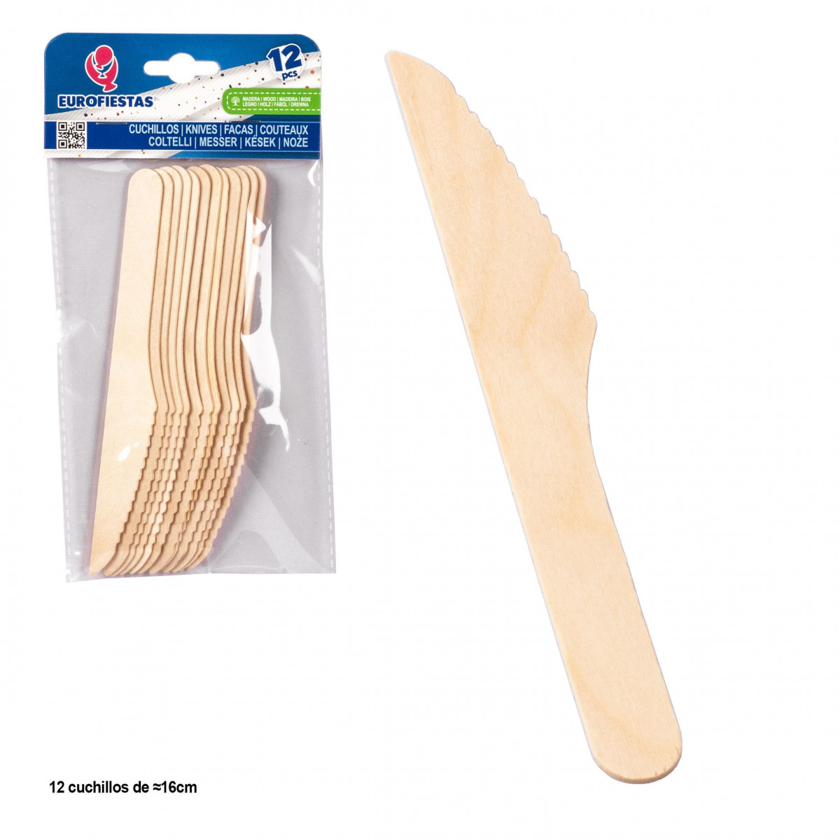 Facas de madeira biodegradáveis 16 cm Pacote com 12 unidades