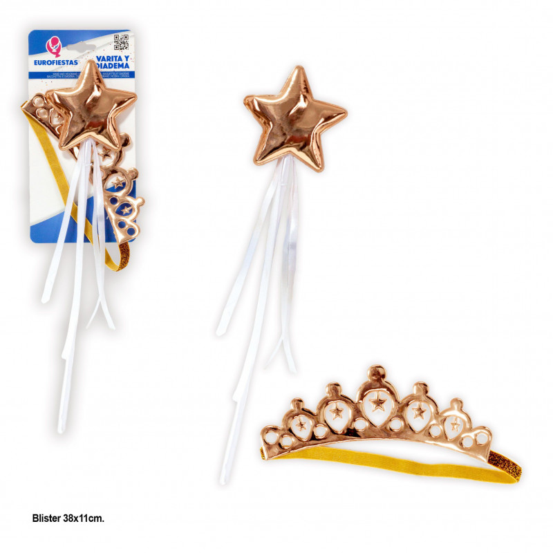 Conjunto de tiara e varinha estrela ouro liso