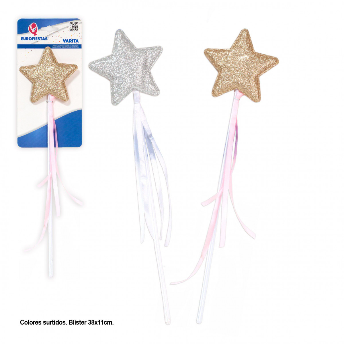 Varinha estrela purpurina ouro laço rosa