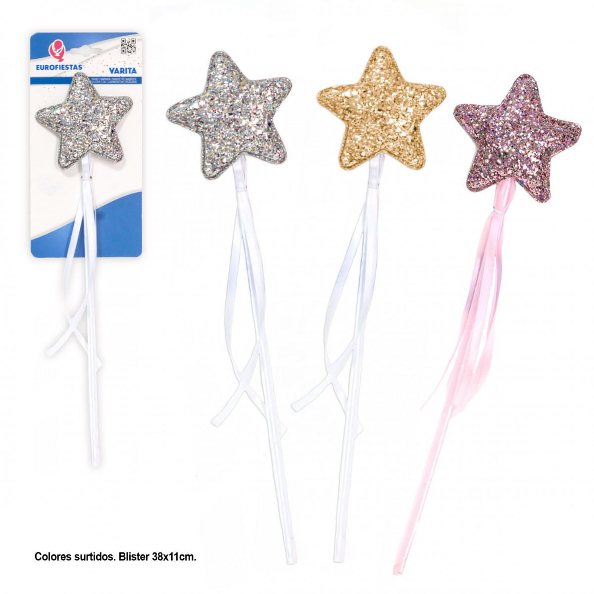 Varinha estrela purpurina ouro laço branco