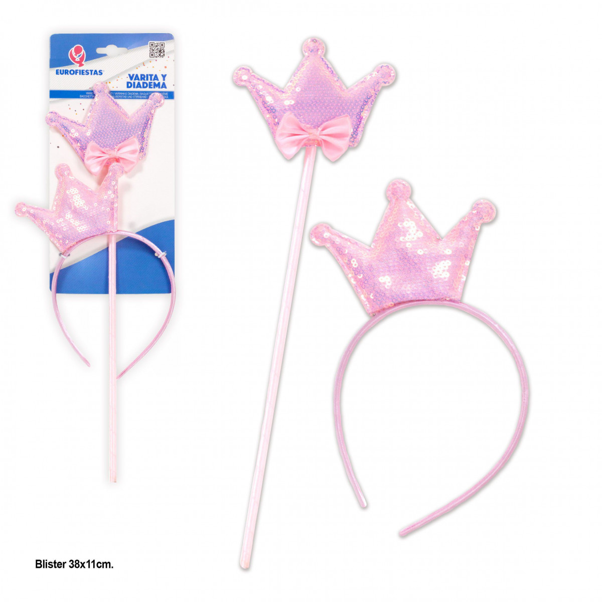 Varinha e tiara de lantejoulas douradas rosa