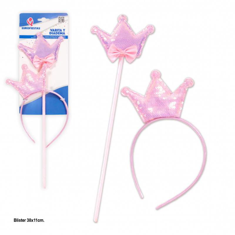 Varinha e tiara de lantejoulas douradas rosa