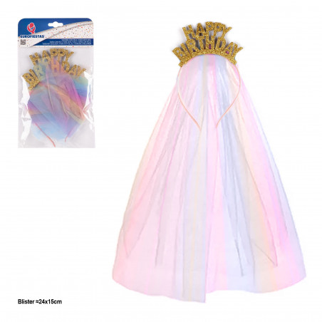 Tiara de feliz aniversário brilhante com véu de arco-íris