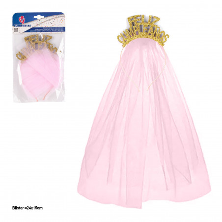 Tiara feliz aniversário purpurina com véu rosa