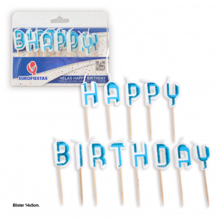 Velas de feliz aniversário com glitter azul