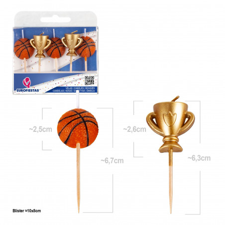 Pacote de 5 velas decorativas de basquete e troféus para bolos e festas temáticas