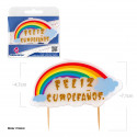 Vela de bloco de arco-íris e nuvens feliz aniversário