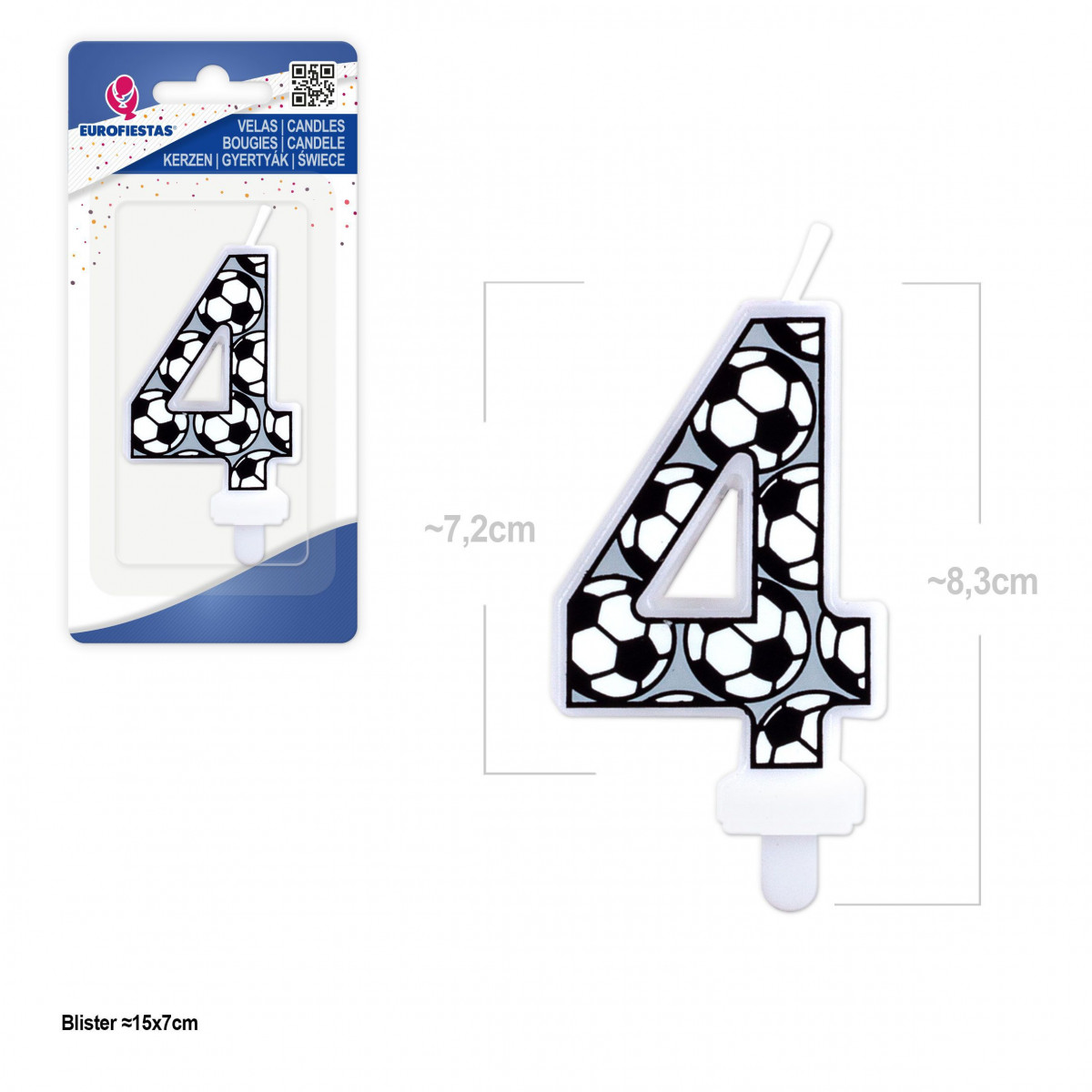 Vela de aniversário com design de futebol número 4, ideal para bolos de festa temáticos