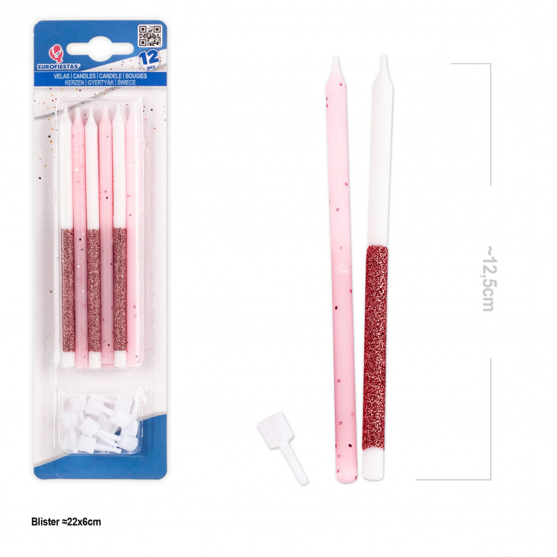 Velas cilindro rosa e purpurina 12pcs