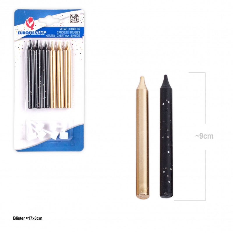 Velas cilindro preto e ouro 6pcs