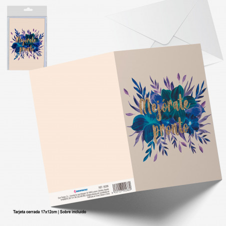 Cartão de felicitação, melhore logo, purpurina dourada, flores.