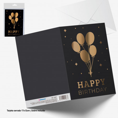 Cartão preto feliz aniversário balões dourados