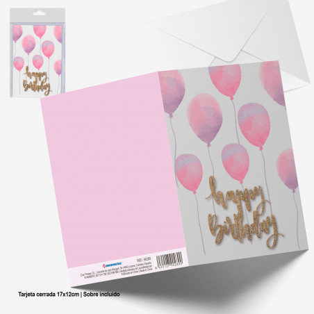 Cartão de feliz aniversário gold glitter balões rosa