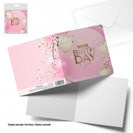 Cartão quadrado rosa feliz aniversário ouro