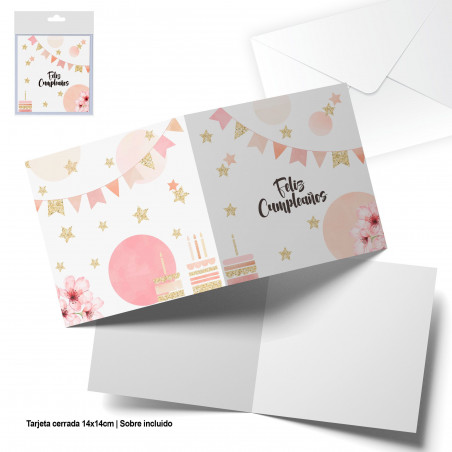 Cartão de felicitação quadrado aquarela e purpurina dourada feliz aniversário.