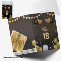 Cartão de felicitações feliz 18º aniversário com envelope elegante design preto e dourado