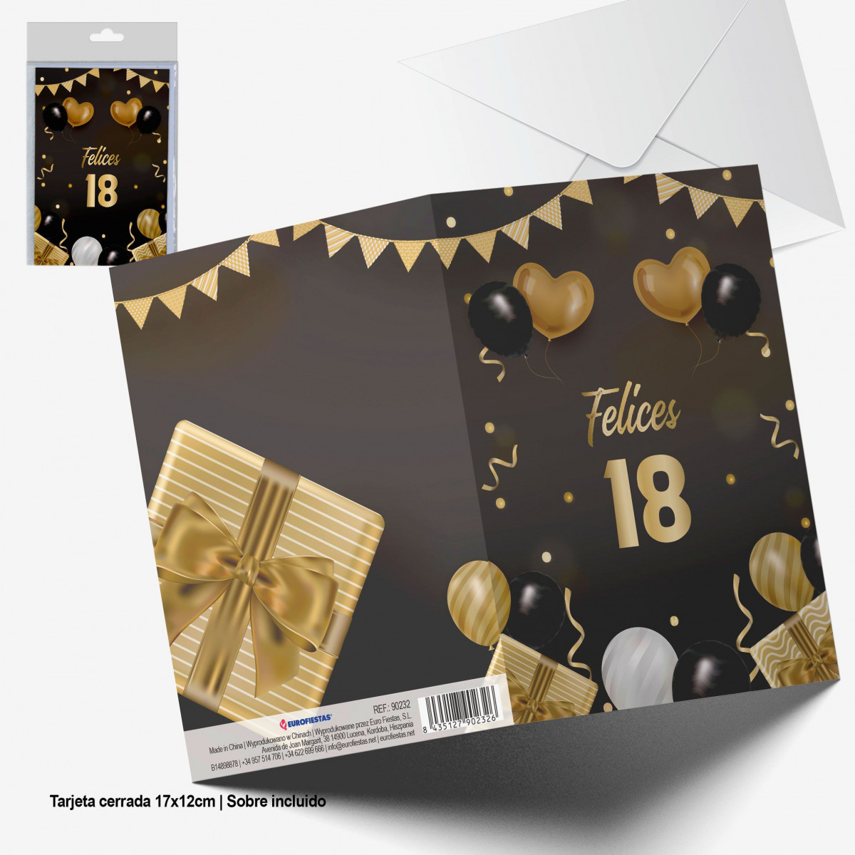 Cartão de felicitações feliz 18º aniversário com envelope elegante design preto e dourado