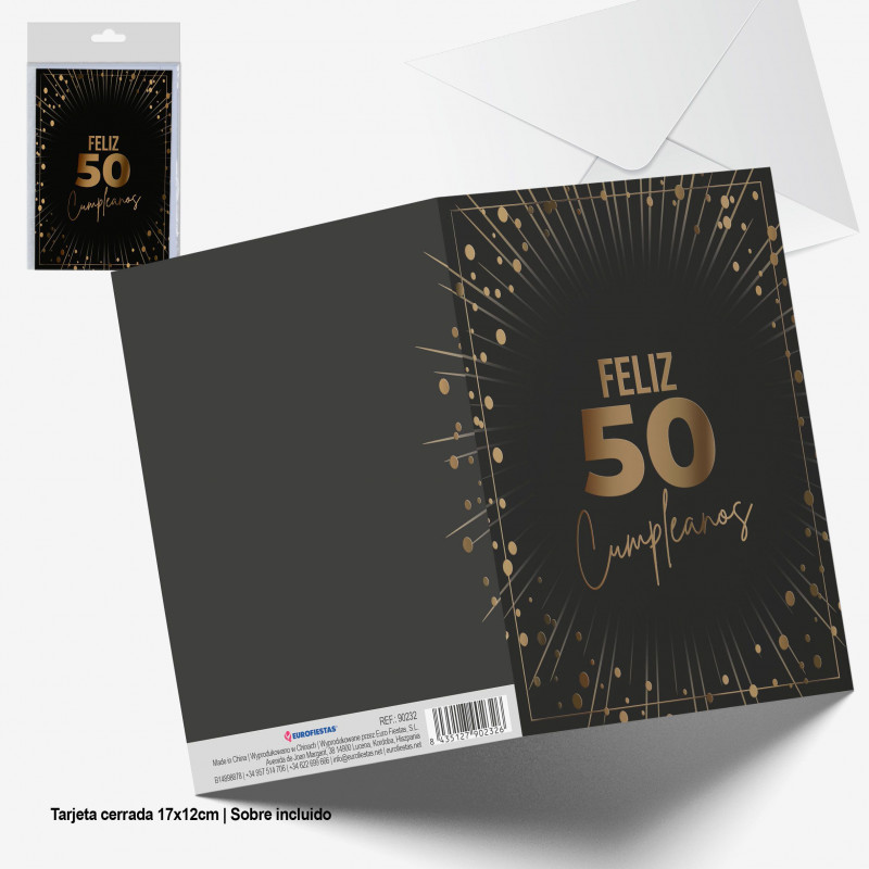 Cartão de felicitações preto com brilhos dourados Feliz aniversário de 50 anos