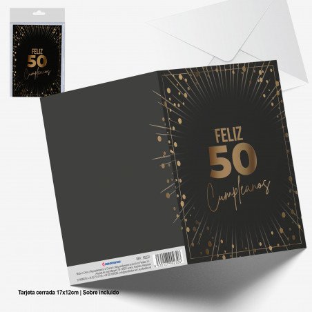 Cartão de felicitações preto com brilhos dourados Feliz aniversário de 50 anos
