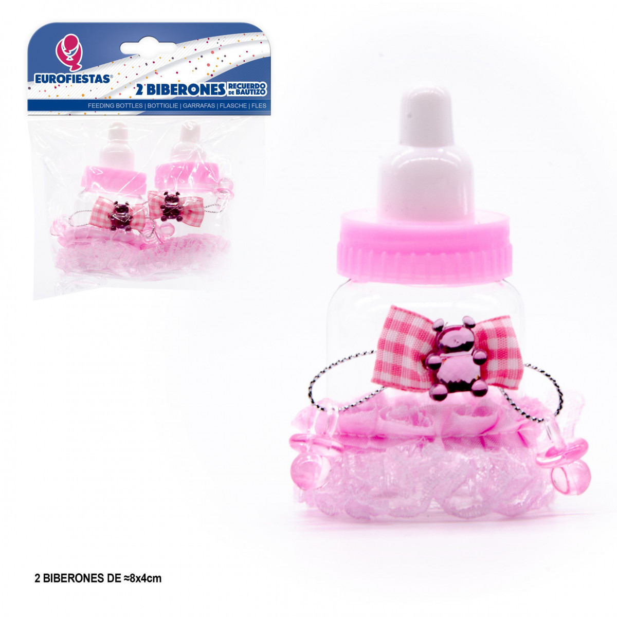 "Biberão laço quadrados rosa"