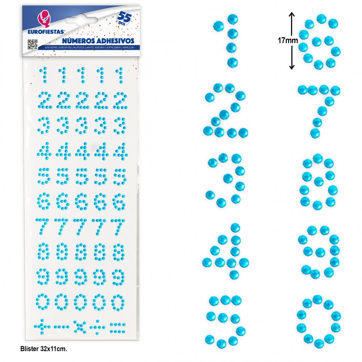 Números adesivos azul celeste para personalizar, Pacote de 55 unidades