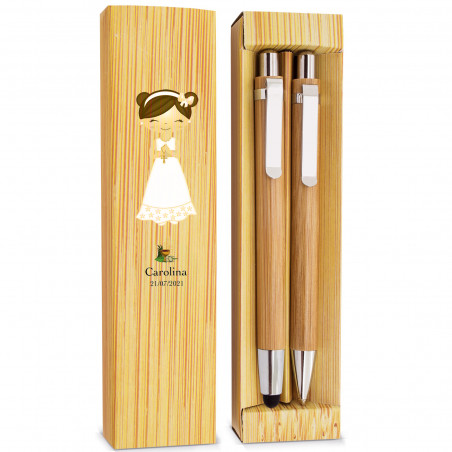 Lapiseira e caneta em estojo de bambu personalizado com adesivos de comunhão