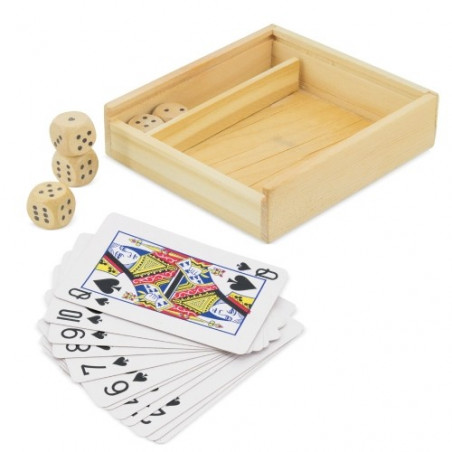 Jogo de dados e cartas em caixa de madeira com adesivos de casamento personalizados