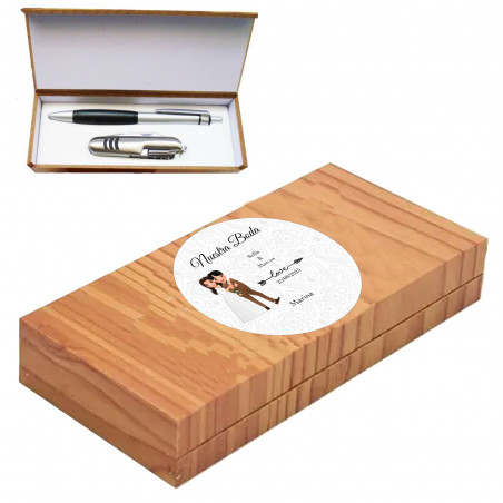 Caneta com faca em estojo de madeira com adesivo de casamento personalizável