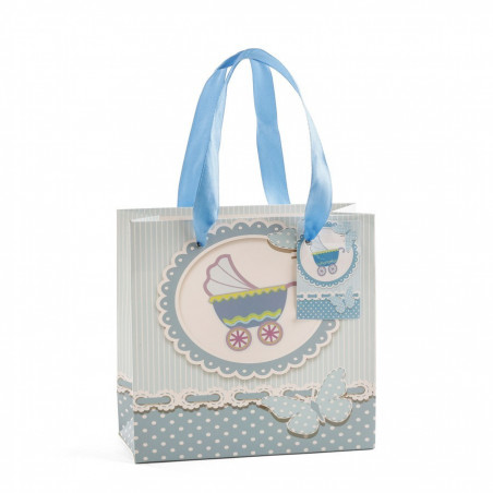 Bolsa prateada apresentada em bolsa com adesivo personalizado para batizado de menino