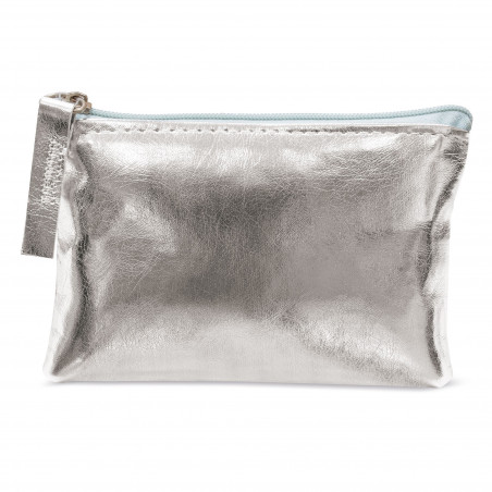 Bolsa prateada apresentada em bolsa com adesivo personalizado para batizado de menino