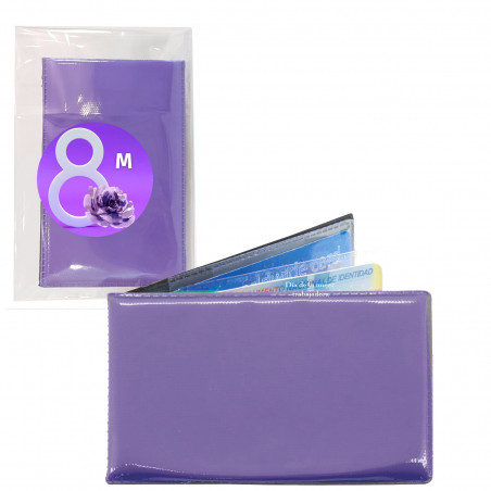 Porta-cartões feminino na cor lilás apresentado em bolsa transparente com adesivo de imagem