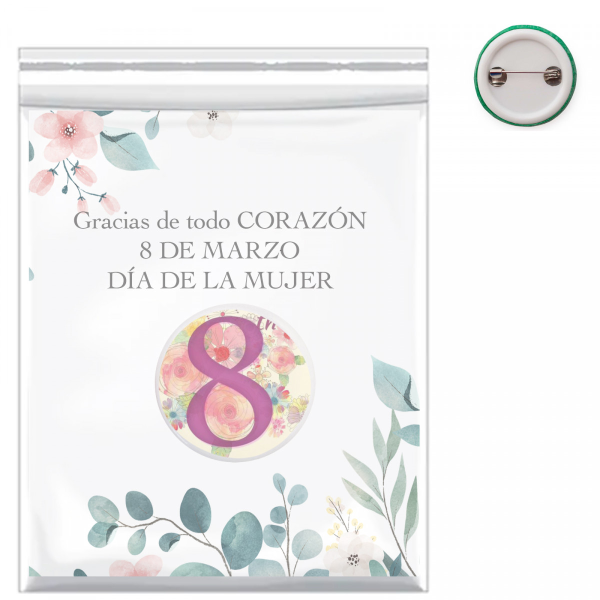 Crachá personalizado com adesivo de imagem e cartão de dedicatória em saco de PVC para presente
