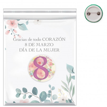 Chapita personalizada con adhesivo con imagen con tarjeta dedicatoria en bolsa pvc como detalle para el día de la mujer