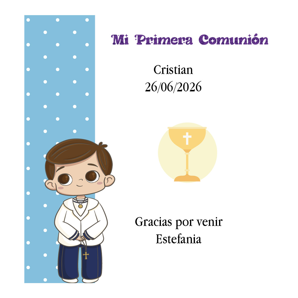 Cartão de agradecimento primeira comunhão menino personalizado com nome do convidado