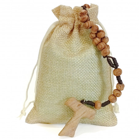 Pulseira de rosário de madeira em bolsa rústica