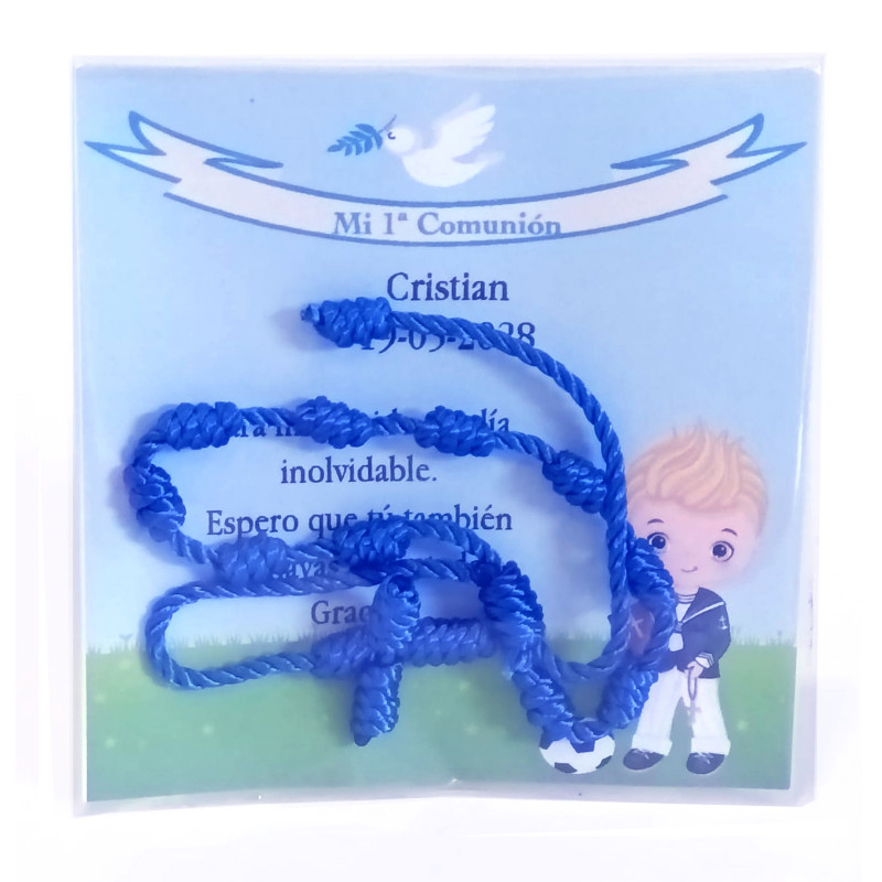 Rosário juvenil de cordão na cor azul com cartão de comunhão personalizado para dedicatória