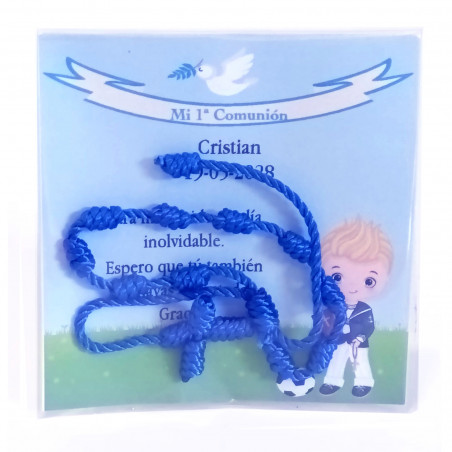 Terço de cordão juvenil em azul com cartão de comunhão personalizado para dedicação