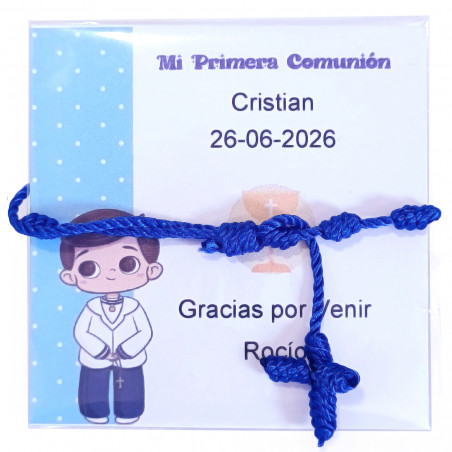 Pulseira de comunhão para menino apresentada em uma bolsa com um cartão de agradecimento