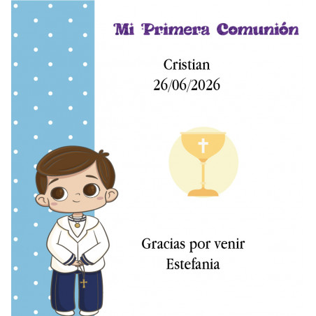 Pulseira de comunhão para menino apresentada em uma bolsa com um cartão de agradecimento