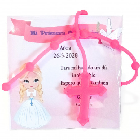 Pulseira rosário rosa com cartão de comunhão com dedicatória
