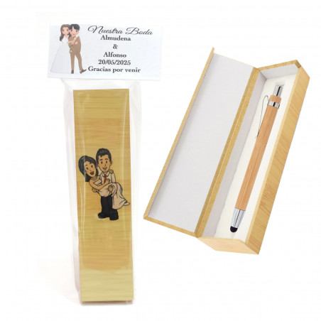 Caneta stylus de madeira em estojo de apresentação com bolsa e adesivos de casamento