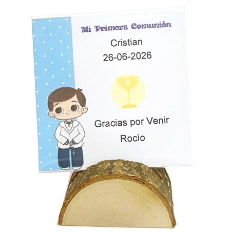 Cartão de comunhão personalizado com suporte de baú para decoração de mesa
