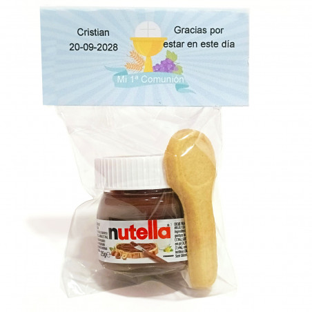 Nutella em pote pequeno com colher de biscoito apresentado em saco de comunhão personalizável e fecho