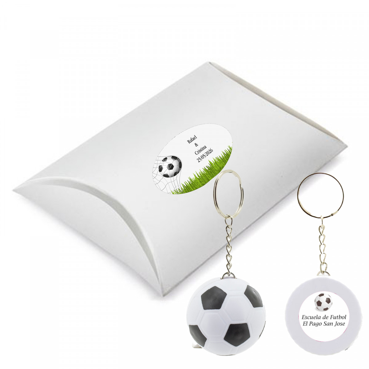 Chaveiro personalizado com design de futebol e medidor apresentado em caixa