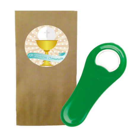 Abridor de garrafas magnético com envelope e adesivo de comunhão