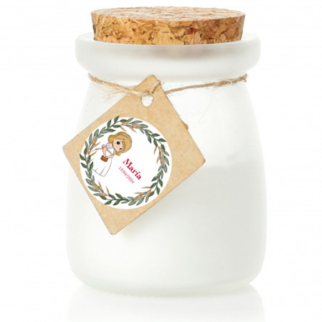 Vela perfumada em frasco de vidro com etiqueta de comunhão personalizada